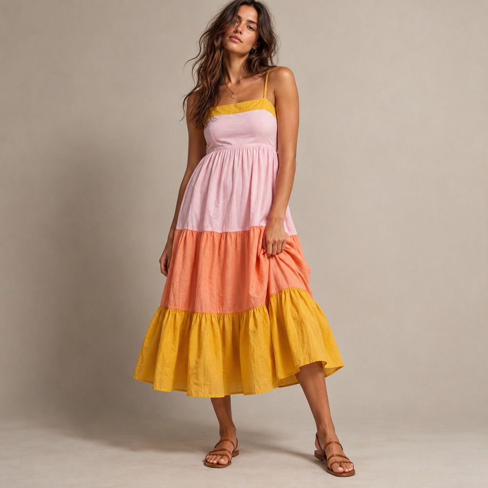 J.Crew Square Neck Tiered Colorblock Midi Dress Pink Orange Sz 6